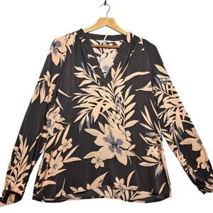 Tucker Chocolate Brown Tropical Silk Vneck Button Up Blouse Size Med